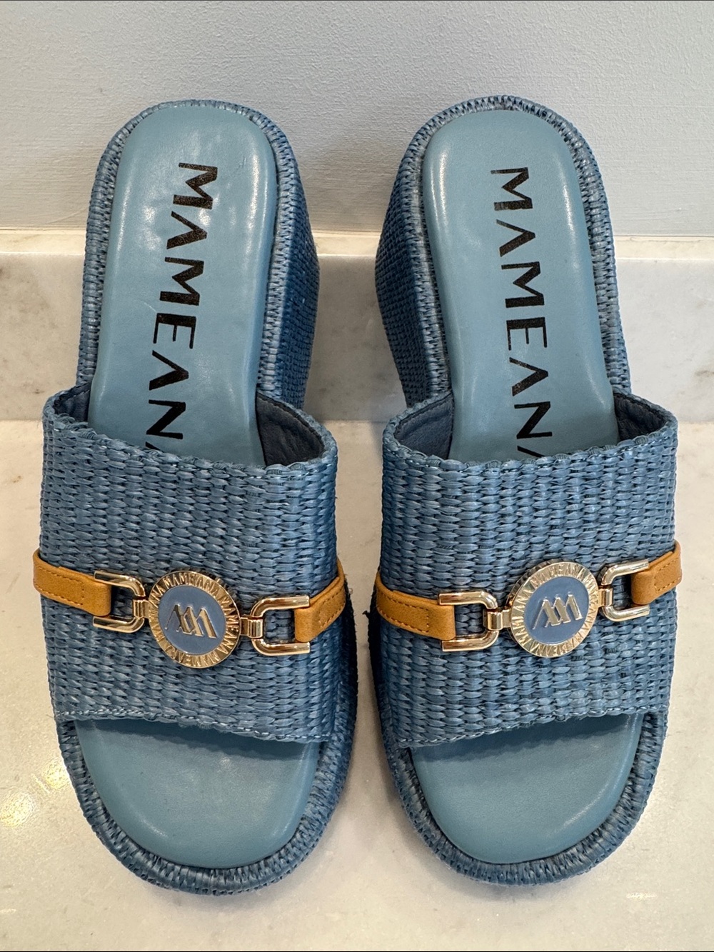 Mamean Blue Woven Slide Sandals with Gold Accent